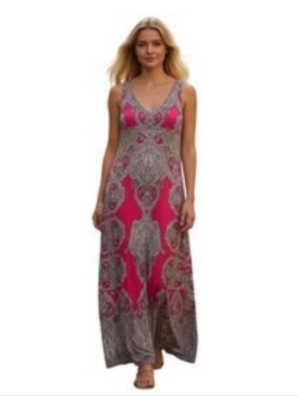 INC International Concepts Paisley Maxi Dress Pink Gray Sleeveless Petite PS